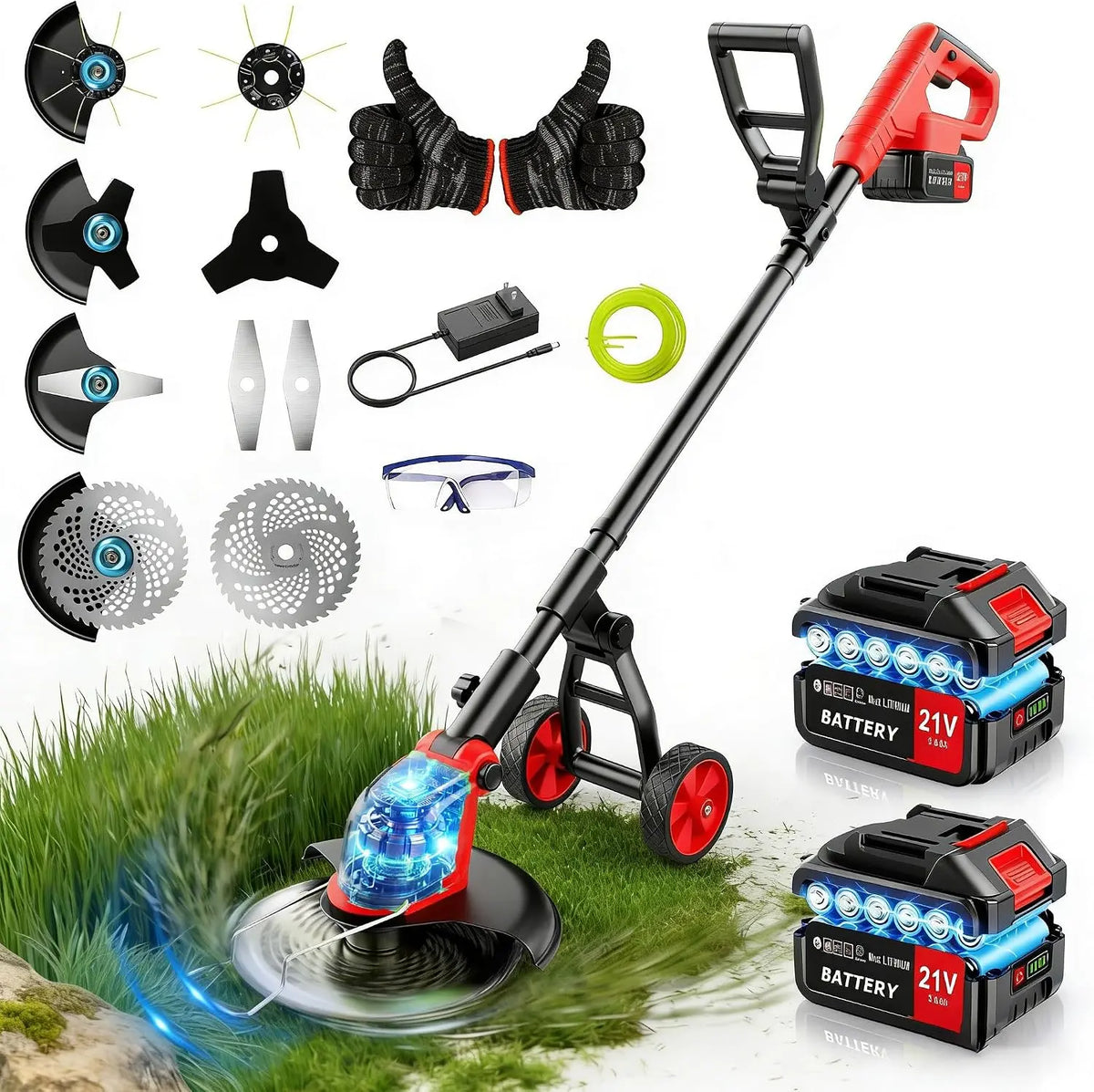 Lacoco 12 Pouces Debroussailleuse Électrique sans Fil 850W avec 2*3.0Ah Batteries 4 Types de Lames Roues – 3,0 Ah, gris/vert