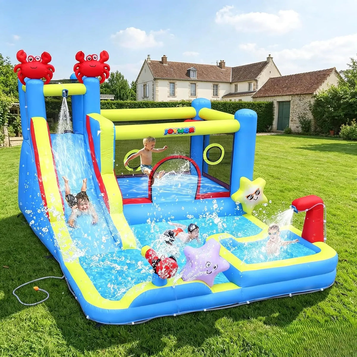 Bonnlo Chateau Gonflable avec Piscine aire de jeux – 375 x292 x230 cm, bleu/vert
