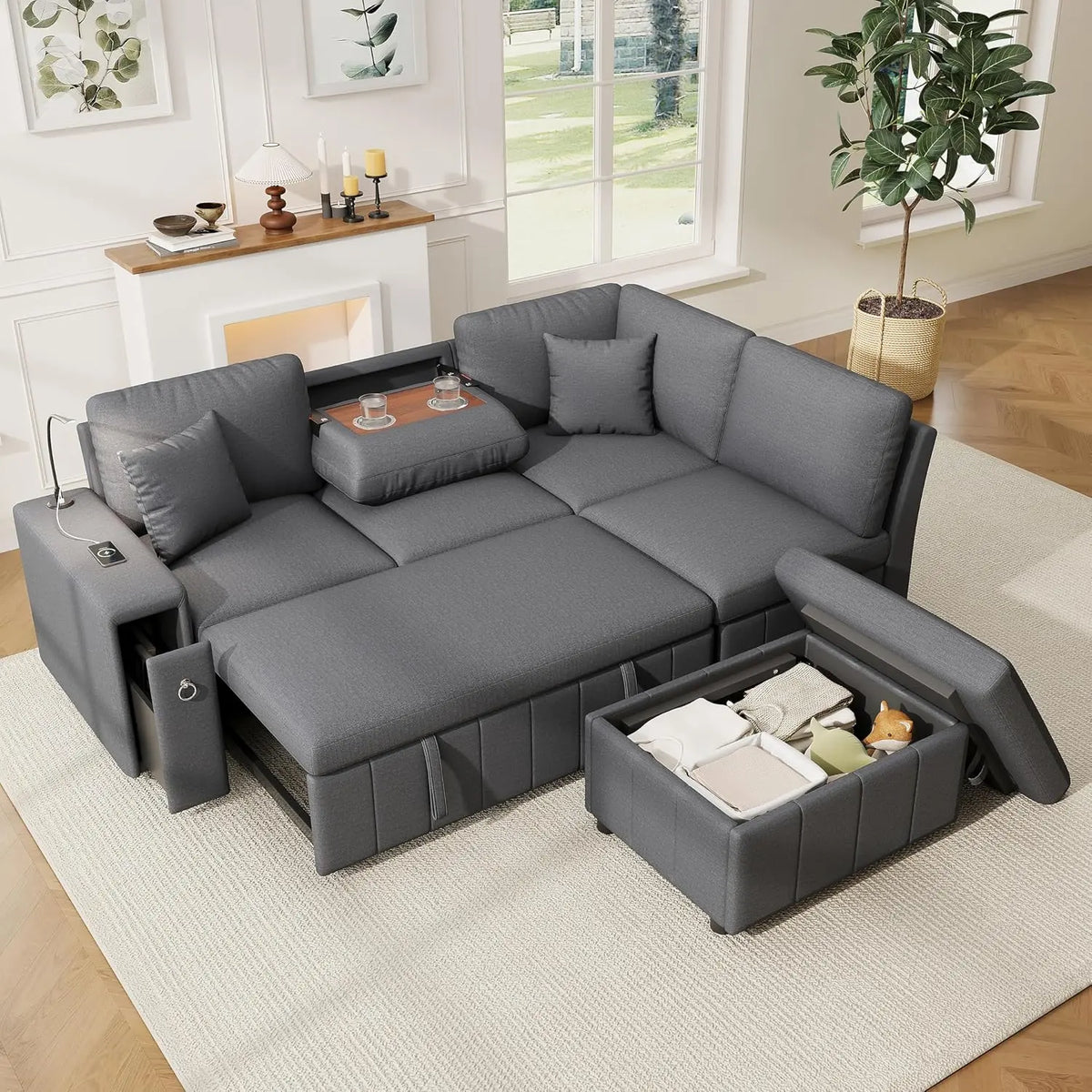 Canapé d'angle convertible extensible – 3 places, gris